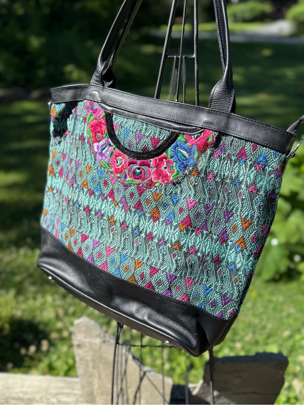 Embroidered Turquoise Tote Bag with Black Trim